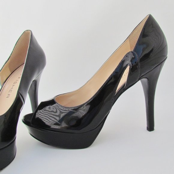 Marc Fisher Tumble 3 BLACK PLATFORM PUMPS Peep Toe Patent Look Heels 9 M - Picture 7 of 11